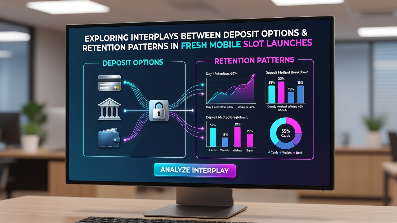 Analytics dashboard displaying retention curves and deposit method breakdowns for recent mobile slot releases